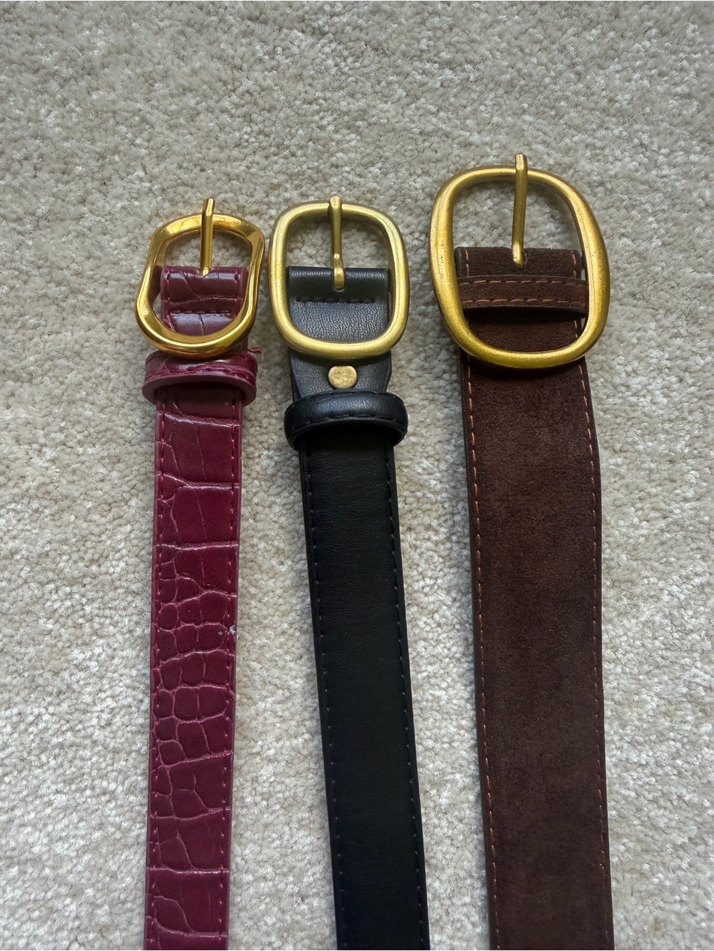 Womens Leather Belt Trio — Black, Brown & Burgundy with Gold Buckles